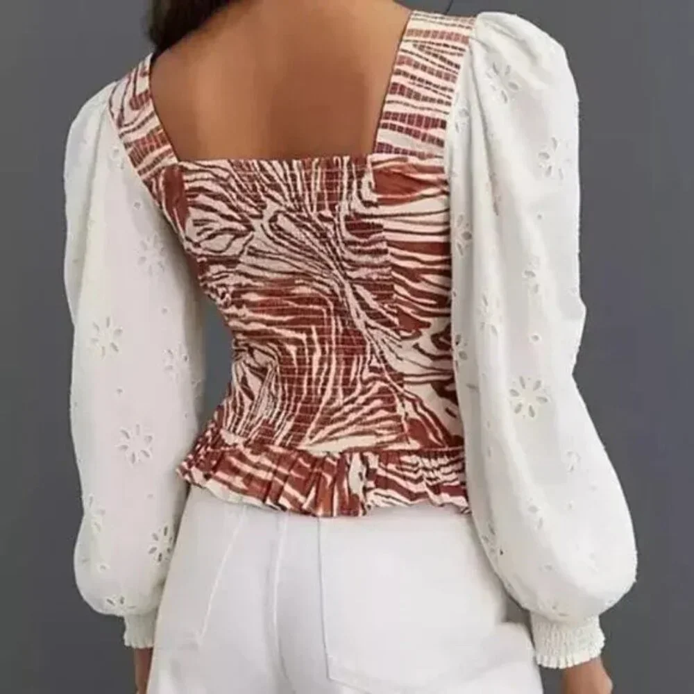 Anthropologie Love the Label Smocked Puff-Sleeve Blouse M